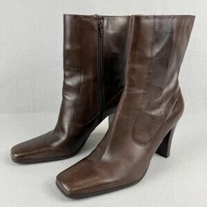 Nine West Square Toe Leather Boots Zip Up High Ankle size 8M Brown Chunky Heel